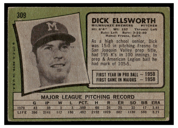 1971 Topps Dick Ellsworth #309 Low Grade - Creases back of card