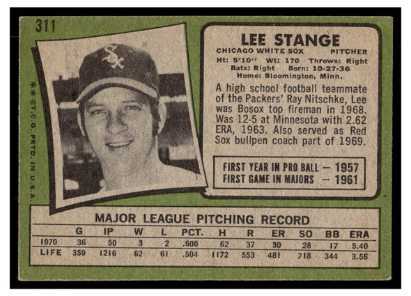 1971 Topps Lee Stange #311 Low Grade back of card