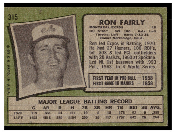 1971 Topps Ron Fairly #315 Low Grade - Creases back of card