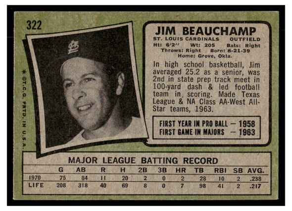 1971 Topps Jim Beauchamp #322 Low Grade back of card