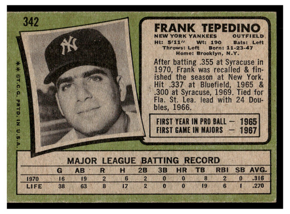 1971 Topps Frank Tepedino #342 Low Grade - Creases back of card