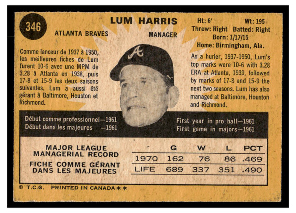 1971 O-Pee-Chee Lum Harris #346 Low Grade back of card