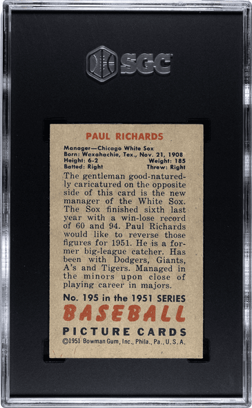 1951 Bowman Paul Richards #195 SGC 5.5 back of card
