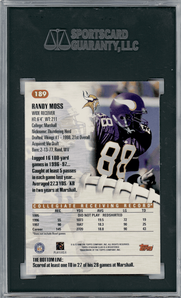 1998 Topps Stadium Club Randy Moss #189 SGC 9.5 back of card