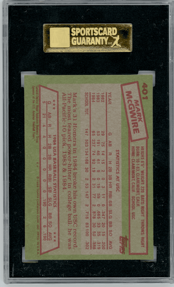 1985 Topps Mark McGwire #401 SGC 7.5 back of card
