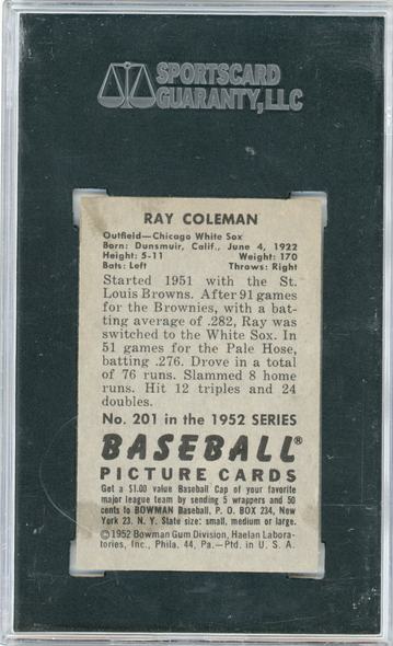 1952 Bowman Ray Coleman Collector's Collection SGC 6.5 back of card