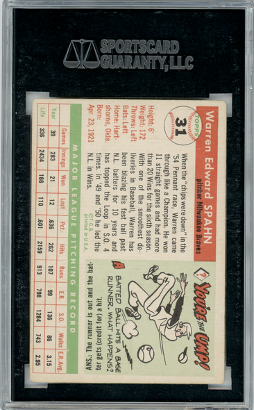 1955 Topps Warren Spahn #31 SGC A back of card