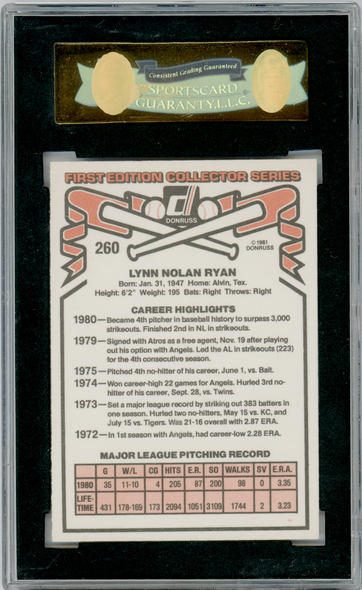 1981 Donruss Nolan Ryan #260 SGC 8.5 back of card