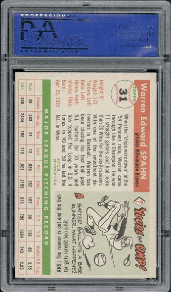 1955 Topps Warren Spahn #31 PSA 7 back of card
