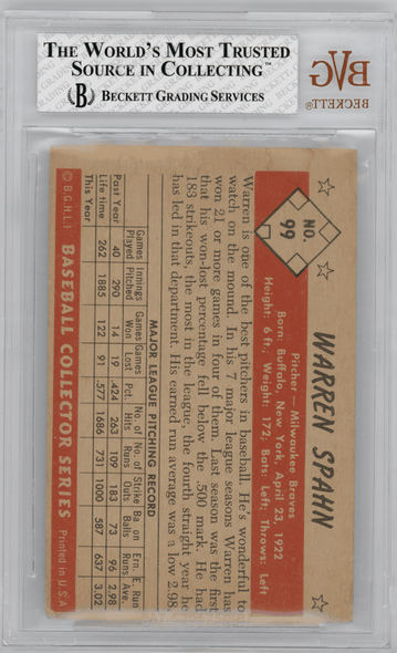 1953 Bowman Color Warren Spahn #99 BVG 4 back of card