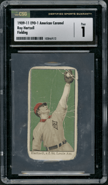 1909-1911 E90-1 American Caramel Roy Hartzell Fielding Baseball Caramels CSG 1 front of card