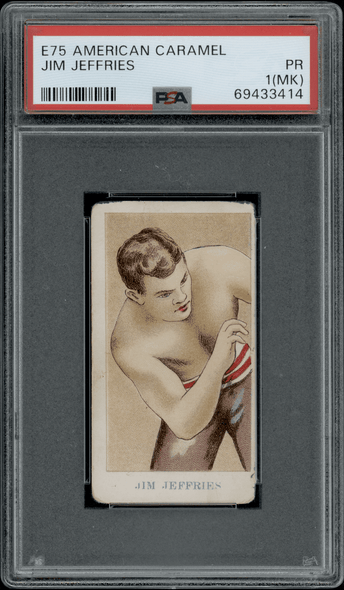 1910 E75 American Caramel Jim Jeffries Boxing Caramels PSA 1(MK) front of card