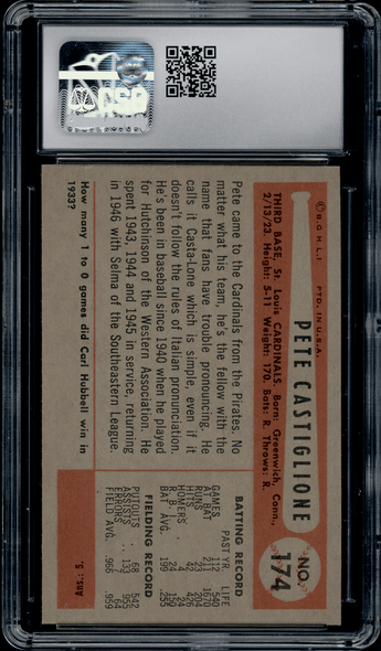 1954 Bowman Pete Castiglione #174 CSG 7.5 back of card