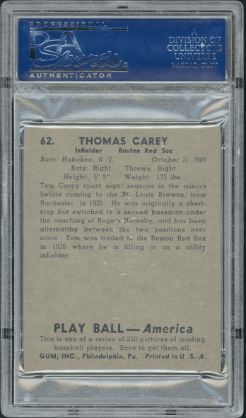 1939 Play Ball Tom Carey #62 PSA 5 back of card