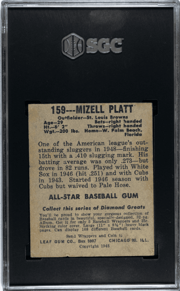 1948-49 Leaf Gum Co. Mizell Platt #159 SGC 2.5 back of card