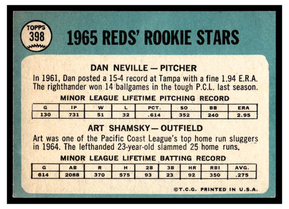1965 Topps Dan Neville / Art Shamsky #398 Reds Rookie Stars VG-EX back of card