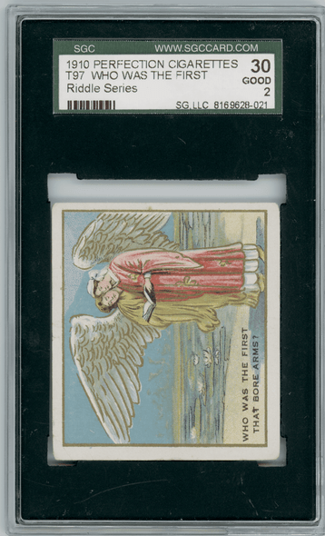 1910 T97 Who was the First that Bore Arms? Riddle Series SGC 2 front of card