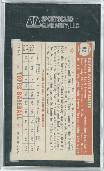 1952 Topps Duane Pillette #82 SGC 6 back of card