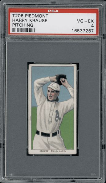 1910 T206 Harry Krause Pitching Piedmont 350 PSA 4 front of card