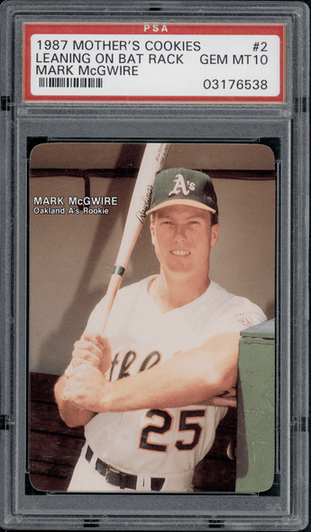 1987 Mother's Cookies Mark McGwire Leaning on Bat Rack PSA 10 front of card