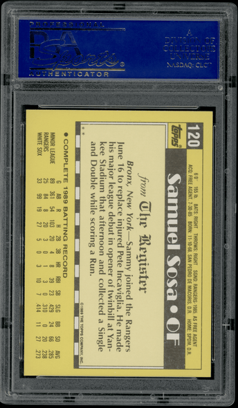 1989 Topps Major League Debut Sammy Sosa #120 PSA 10 back of card