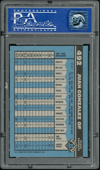 1990 Bowman Juan Gonzalez PSA 9 back of card