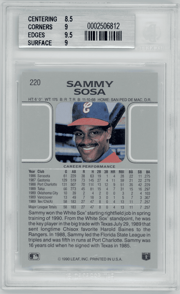 1990 Leaf Sammy Sosa #220 BGS 9 back of card