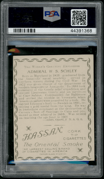 1910 T118 Hassan Cigarettes W.S. Schley World's Greatest Explorers PSA 2 back of card