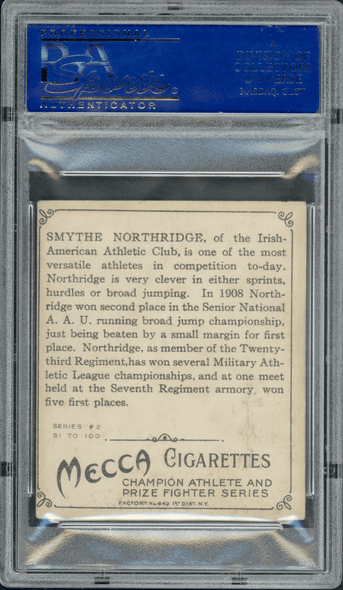 1910 T218 Champions Smythe Northridge Mecca Cigarettes PSA 4 back of card
