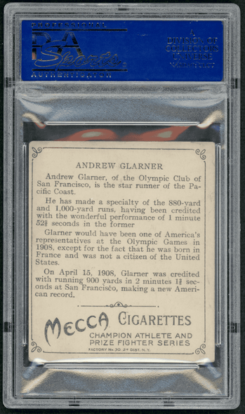 1910 T218 Champions Andrew Glarner Athlete Mecca Cigarettes PSA 4 back of card