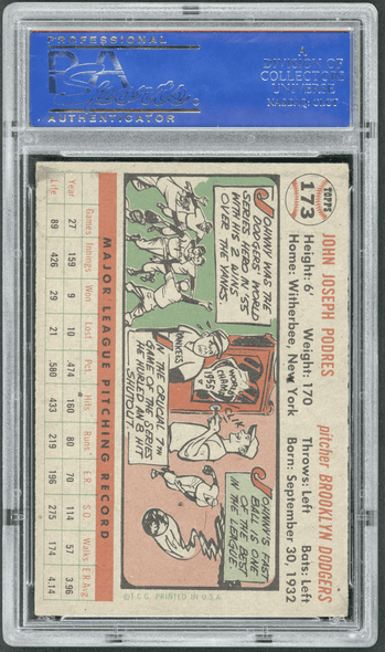 1956 Topps Johnny Podres Gray back #173 PSA 7 back of card