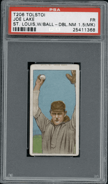 1909-1911 T206 Joe Lake Miscut Double Name, St. Louis with Ball Tolstoi PSA 1.5(MK) front of card
