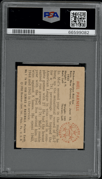 1950 Bowman Mel Parnell #1 PSA 3 back of card