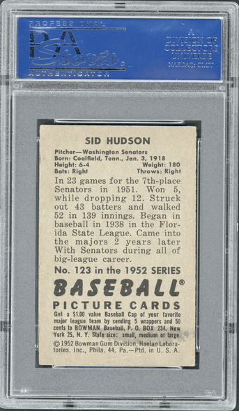 1952 Bowman Sid Hudson #123 PSA 5 back of card