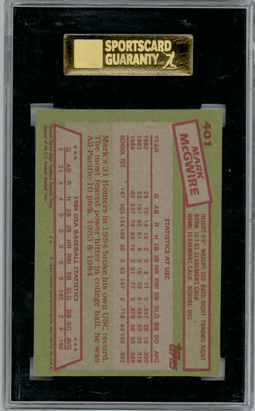 1985 Topps Mark McGwire #401 SGC 7 back of card