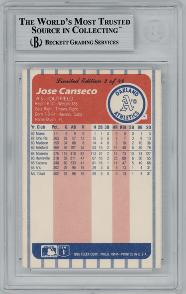 1986 Fleer Jose Canseco On Card Autograph #3 BGS A back of card