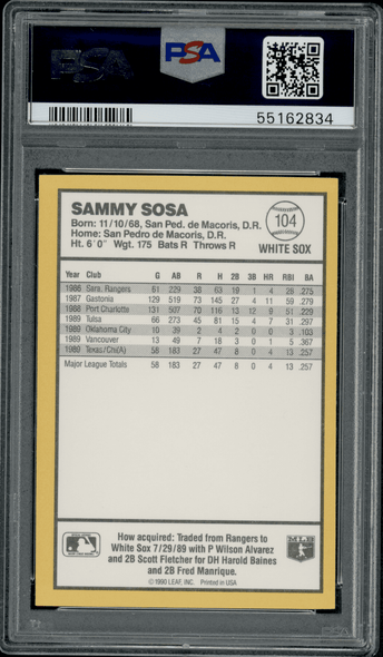 1990 Donruss Best A.L. Sammy Sosa #104 PSA 8 back of card