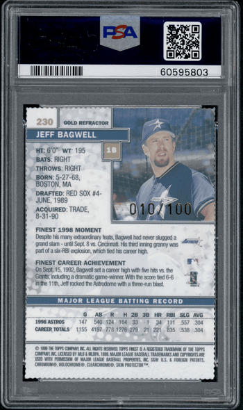 1999 Finest Jeff Bagwell Gold Refractor with Coating 010/100 #230 PSA 7 back of card