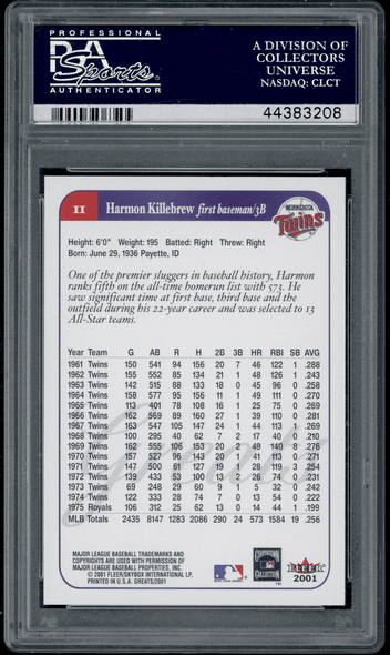 2001 Fleer Greats Harmon Killebrew #11 PSA 10 back of card