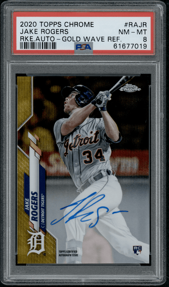 2020 Topps Chrome Jake Rogers Rookie Auto, Gold Wave Refractor #RAJR PSA 8 front of card
