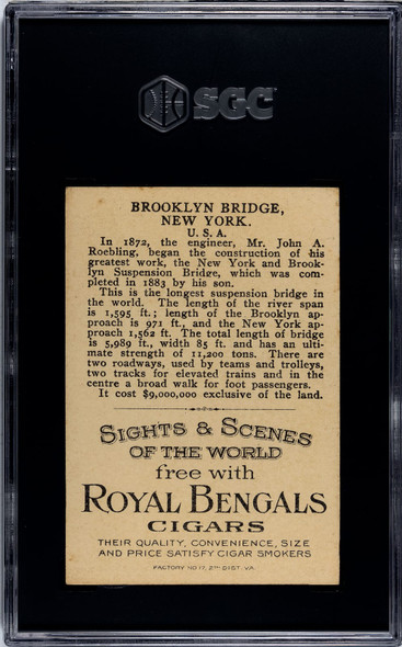 1911 T99 Brooklyn Bridge Royal Bengals Cigars Sights and Scenes SGC 5 back of card