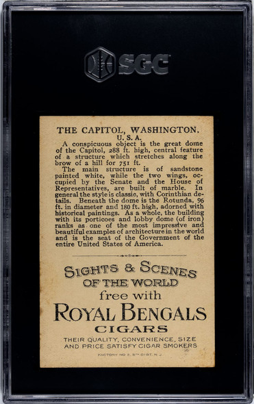 1911 T99 The Capitol, Washington Royal Bengals Cigars Sights and Scenes SGC 4.5 back of card