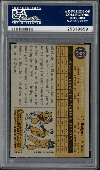 1960 Topps Johnny Klippstein #191 PSA 6 back of card