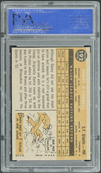 1960 Topps Danny O'Connell #192 PSA 7 back of card