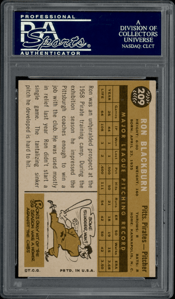 1960 Topps Ron Blackburn #209 PSA 5 back of card