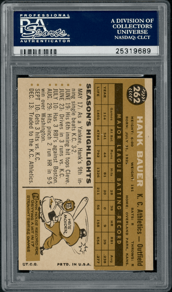 1960 Topps Hank Bauer #262 PSA 6 back of card