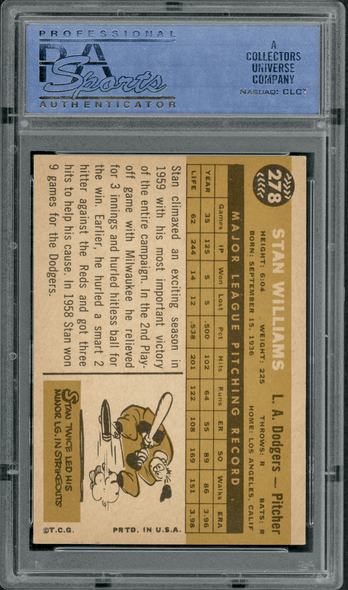 1960 Topps Stan Williams #278 PSA 7 back of card