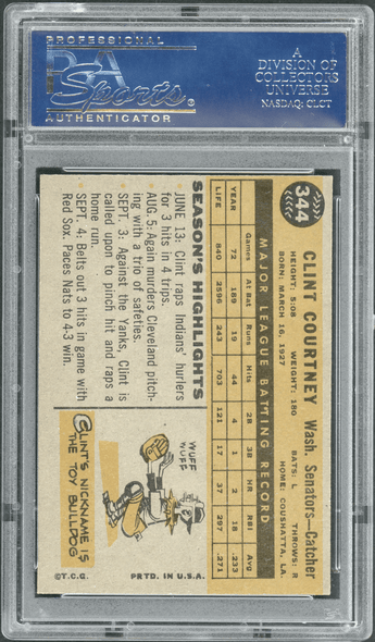1960 Topps Clint Courtney #344 PSA 7 back of card