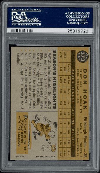 1960 Topps Don Hoak #373 PSA 6 back of card