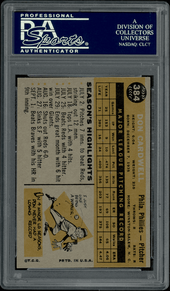 1960 Topps Don Cardwell #384 PSA 6 back of card